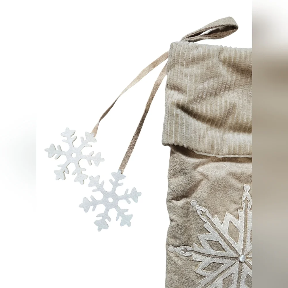 2 Holiday Stockings, Red and Cream with Embroidered Snowflakes